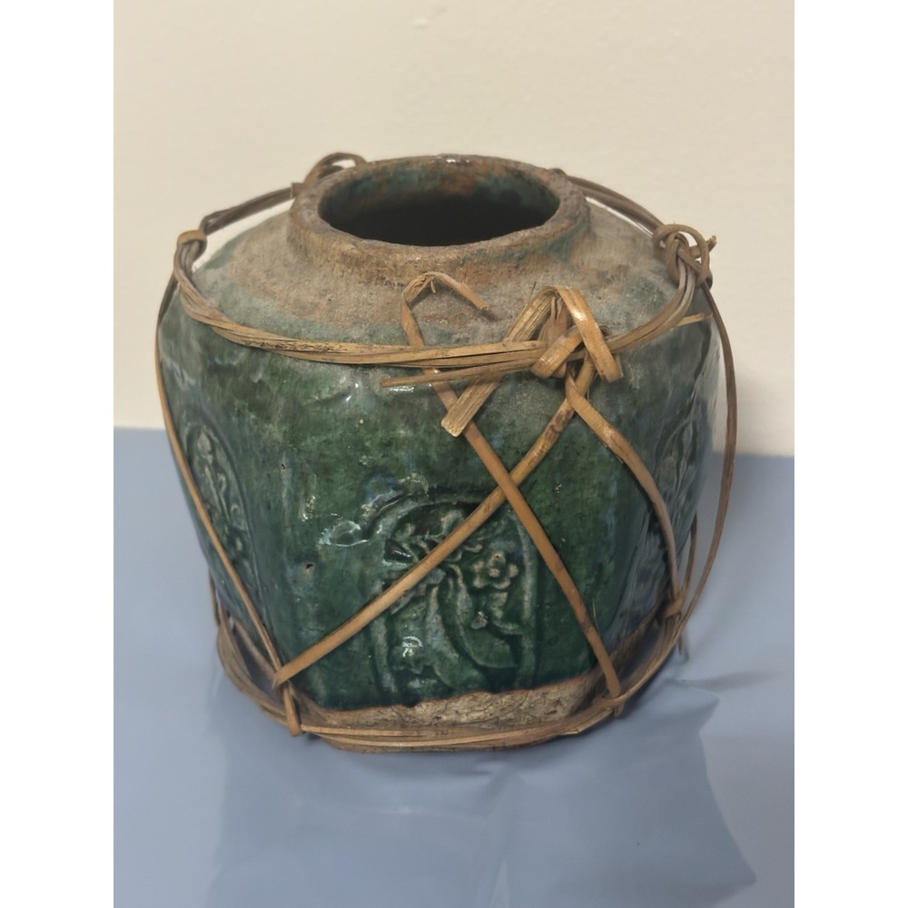 Antique 19th Century Chinese Green Glazed Pottery Vase / Jar Relief Decoration